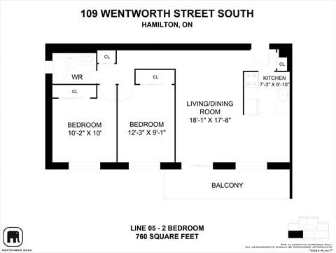 Floor plan for 2 beds, 1 bath, 760 sqft